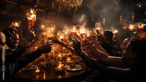 Elegant party goers toasting with champagne flutes set photo