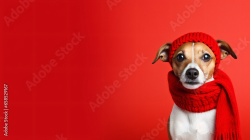 Cute Dog in a Red Hat and Scarf on a Red Background