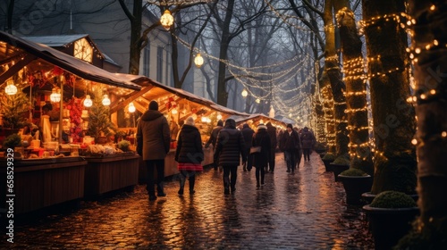 Lively scene of an aisle of vendors at a Christmas market