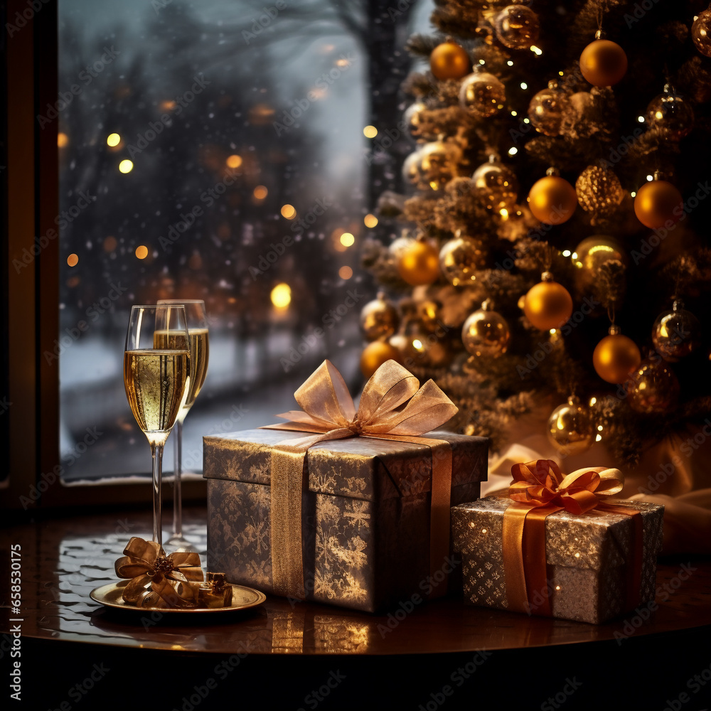 Gift box on the table near window, snowfall outside,christmas tree,night,wine glass,christmas decoration Gift box on the table near window, snowfall outside,christmas tree,night,wine glass,christmas decoration