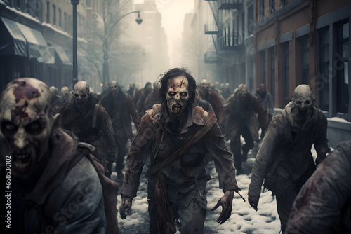 group of zombies at foggy city street at winter day. Neural network generated image. Not based on any actual person or scene.
