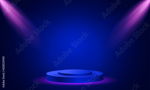 Vector stage podium with lighting, stage podium scene with for award ceremony on blue background