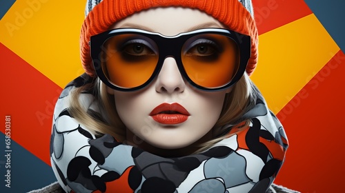 fashion portrait of a woman model with winter season clothing in vivid colors and eyeglasses
