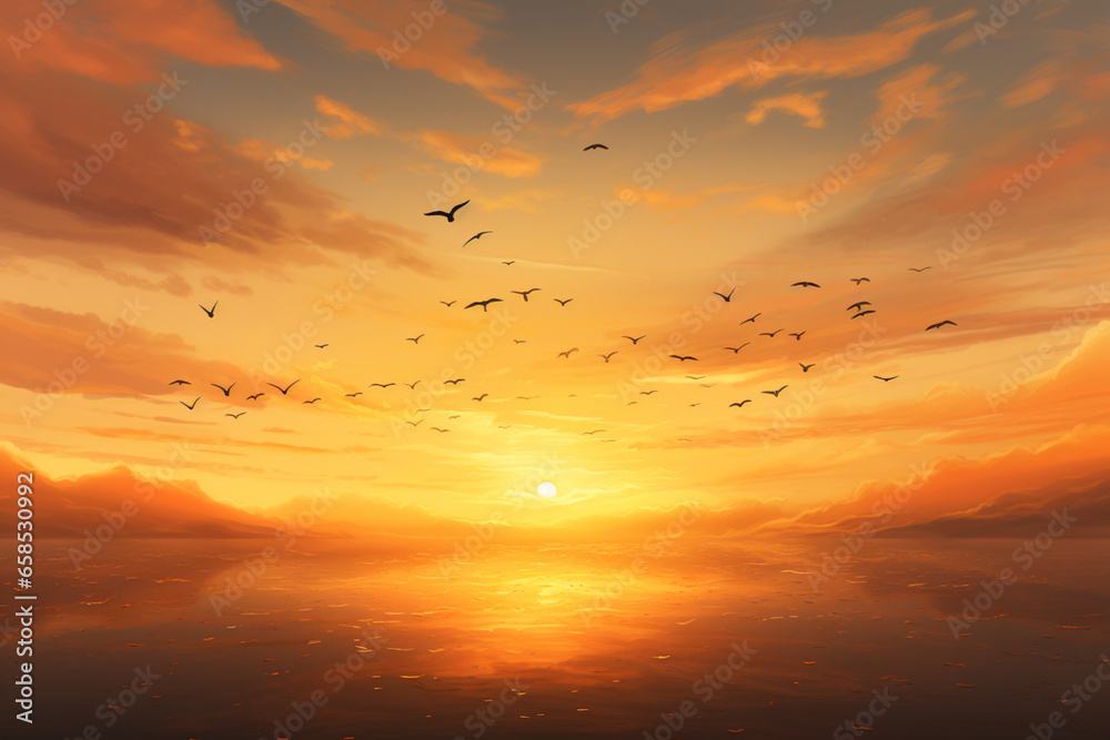 a vast golden-hued sunset sky with a clear formation of, generative ai