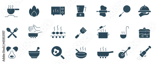 Cooking solid icon set. Kitchen tools boiling, frying, pan, pot, spoon, food and dinner icons vector illustration