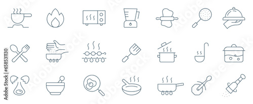 Cooking line icon set. Kitchen tools boiling, frying, pan, pot, spoon, food and dinner icons vector illustration