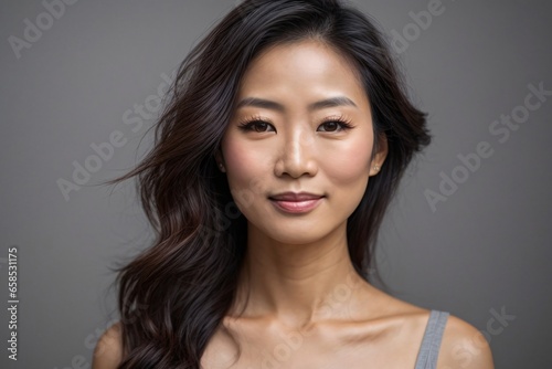 Japanese beautiful woman portrait with smooth health skin face for advertising design. Fit asian beautiful aging young looking woman. Generative Ai.