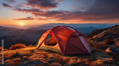 Tourist tent in the mountains at sunset photo-realisti, generative ai