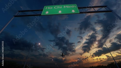 Ho Chi Minh City Road Sign - Airplane Arriving To Ho Chi Minh City Airport Travelling To Vietnam photo