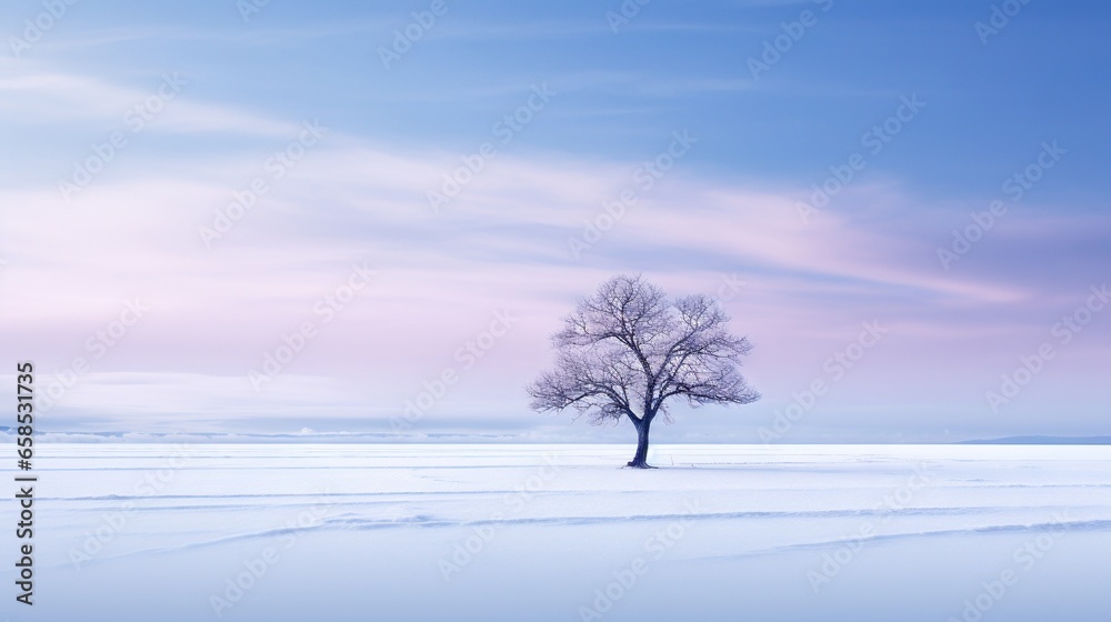 a lone tree stands alone in a snowy field under a blue sky. generative ai a lone tree stands alone in a snowy field under a blue sky. generative ai