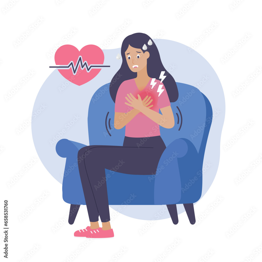 Woman having panic attack,heartbeat, shortness of breath, trembling and sweating. Cartoon flat vector illustration. Woman having panic attack,heartbeat, shortness of breath, trembling and sweating. Cartoon flat vector illustration.