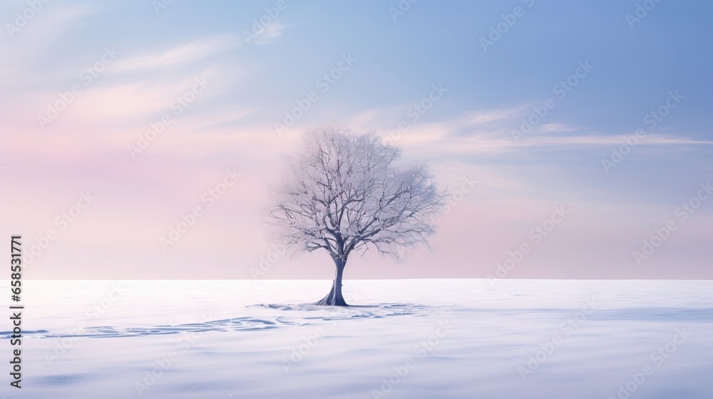 a lone tree stands alone in a snowy landscape with a pink sky. generative ai a lone tree stands alone in a snowy landscape with a pink sky. generative ai