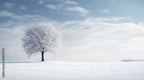  a lone tree stands alone in a snowy field under a blue sky. generative ai