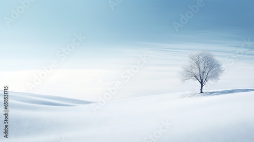  a lone tree stands alone in a snowy landscape with a blue sky. generative ai