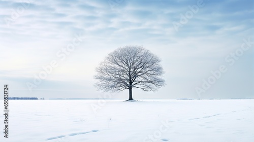  a lone tree stands in the middle of a snowy field. generative ai