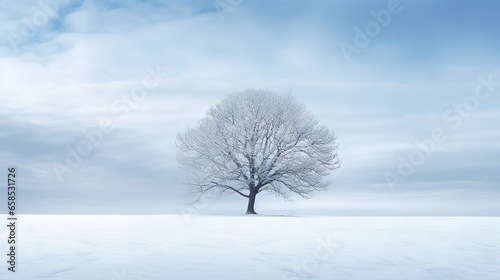  a lone tree stands alone in a snowy field under a cloudy sky. generative ai