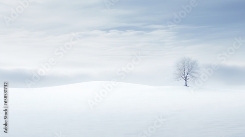  a lone tree stands alone in a snowy field with a cloudy sky. generative ai