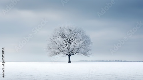 a lone tree stands alone in a snow covered field with a blue sky.  generative ai © Jevjenijs