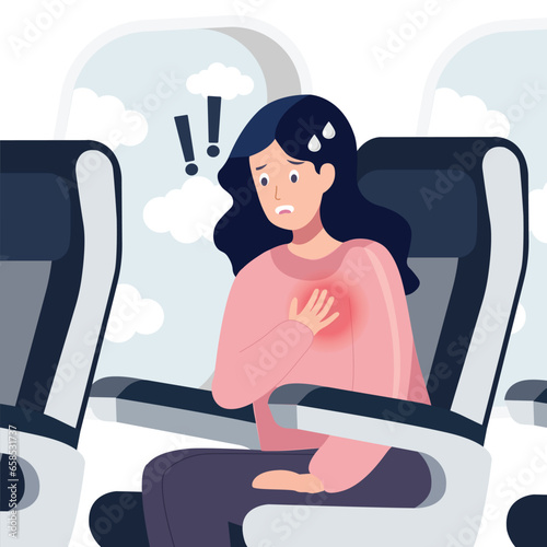 Woman  in the airplane suffering from panic attack, fast heartbeat, sweating and trembling.Vector cartoon illustration.