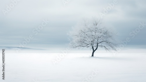  a lone tree stands alone in a snowy field with a mountain in the distance.  generative ai