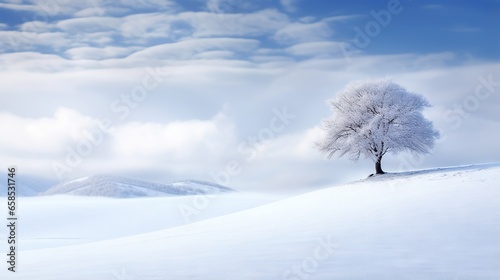  a lone tree stands alone in a snowy landscape with mountains in the background. generative ai