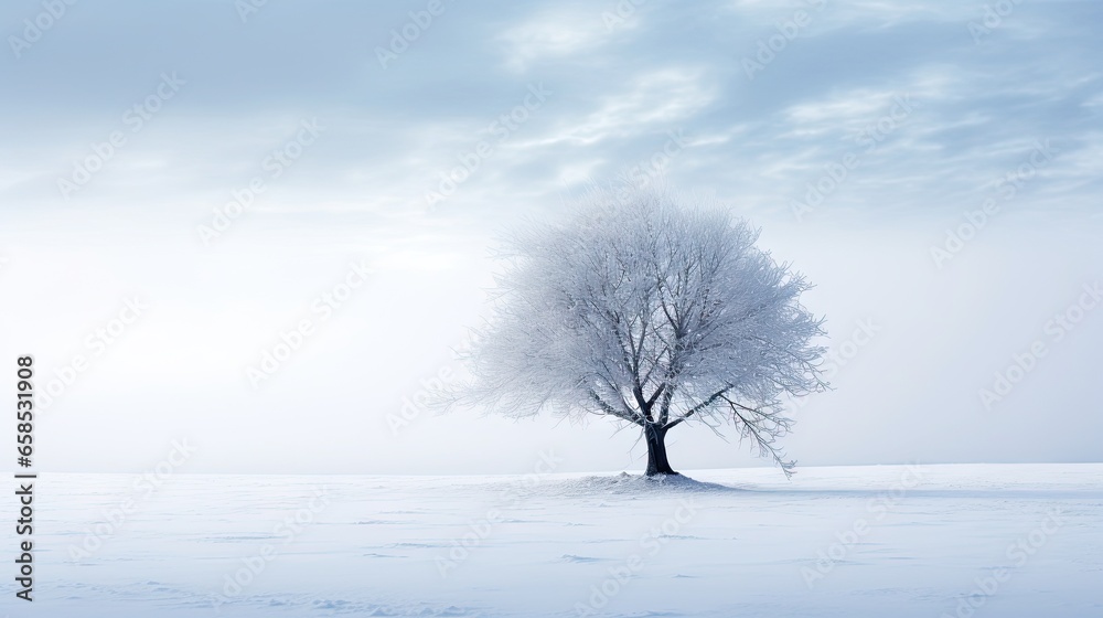 a lone tree stands alone in a snowy field with a blue sky in the background. generative ai a lone tree stands alone in a snowy field with a blue sky in the background. generative ai