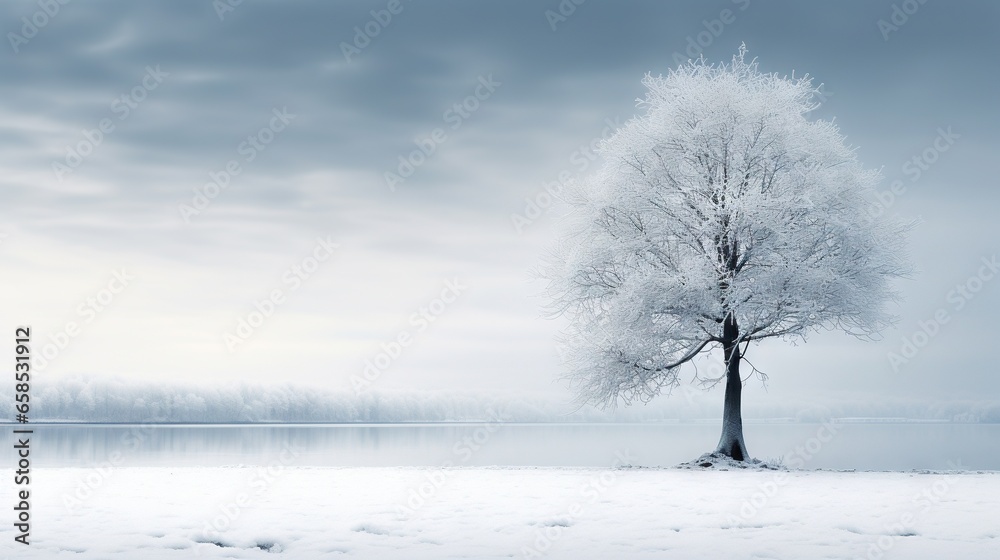 Naklejka premium a lone tree stands in the snow near a lake on a cloudy day. generative ai