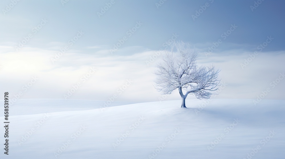 a lone tree stands alone in a snowy landscape with a blue sky. generative ai a lone tree stands alone in a snowy landscape with a blue sky. generative ai