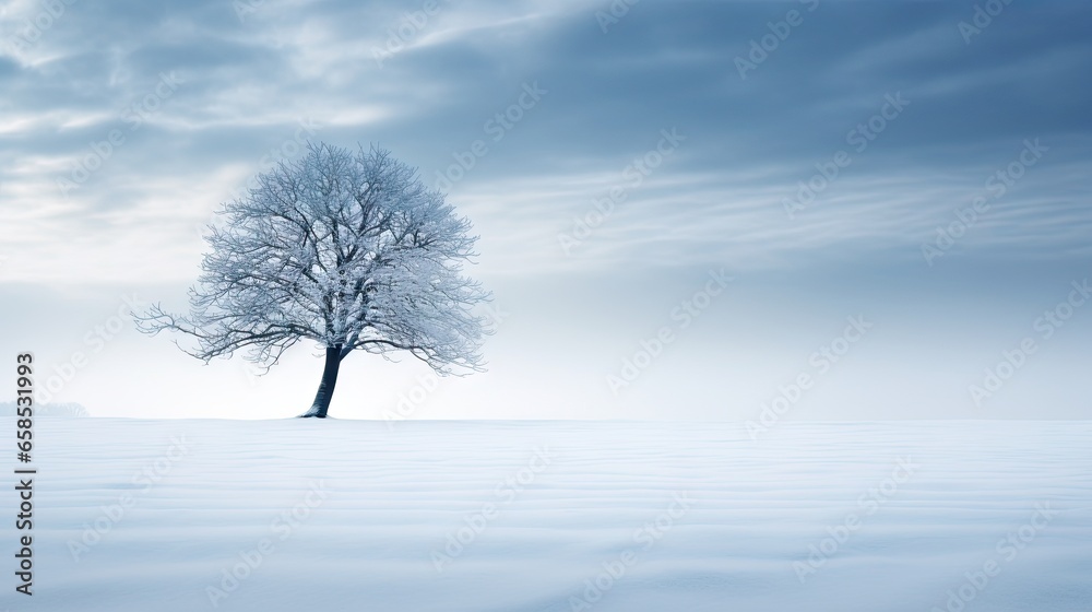 a lone tree stands alone in a snowy field under a cloudy sky. generative ai a lone tree stands alone in a snowy field under a cloudy sky. generative ai