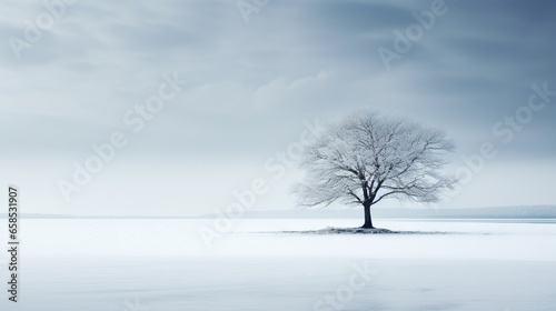  a lone tree stands alone in the middle of a snowy field.  generative ai © Jevjenijs