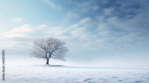  a lone tree stands alone in a snowy field under a blue sky. generative ai