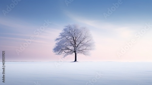  a lone tree stands alone in a snowy field at sunset. generative ai