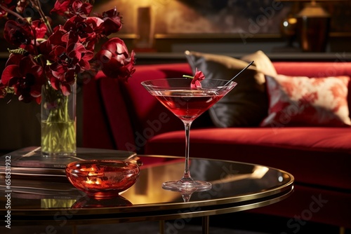 Loungey vibes with a crimson martini glass amidst lavish surroundings. Generative AI