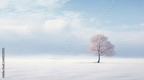  a lone tree stands alone in a snowy field with a blue sky in the background. generative ai