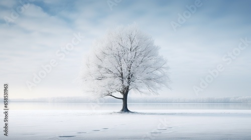  a lone tree stands alone in a snowy field with footprints in the snow.  generative ai © Jevjenijs