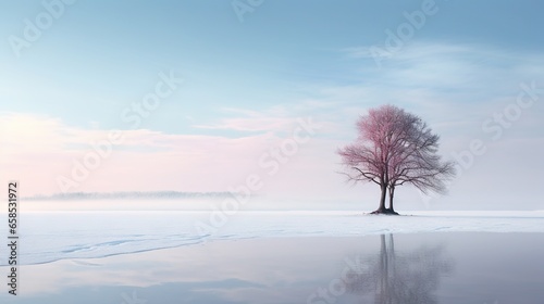  a lone tree stands alone in the middle of a frozen lake. generative ai