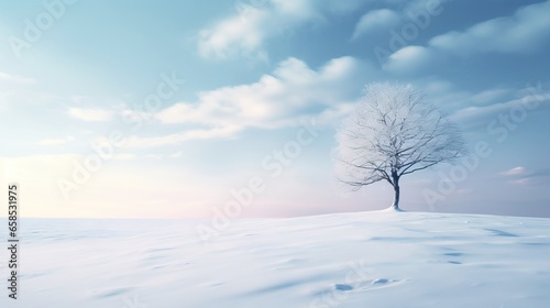  a lone tree stands alone in a snowy field with a blue sky in the background.  generative ai © Jevjenijs