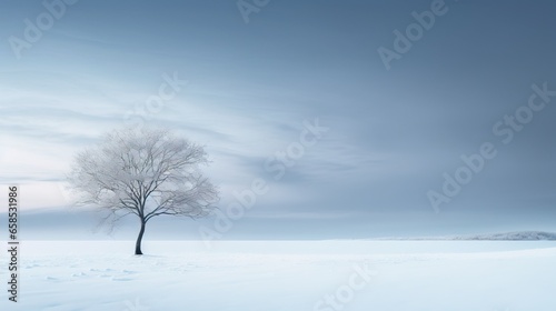  a lone tree stands alone in a snowy field with a mountain in the distance.  generative ai © Jevjenijs