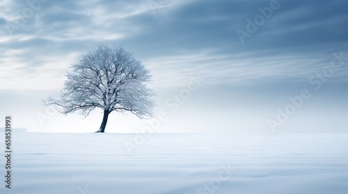  a lone tree stands alone in a snowy field under a cloudy sky. generative ai