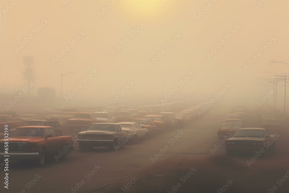 hazy outlines of vehicles enveloped in misty vapor. Generative AI