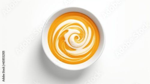 On a white background, roasted pumpkin and carrot soup with cream and pumpkin seeds. Copy Space