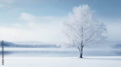  a lone tree stands in the middle of a snowy landscape.  generative ai