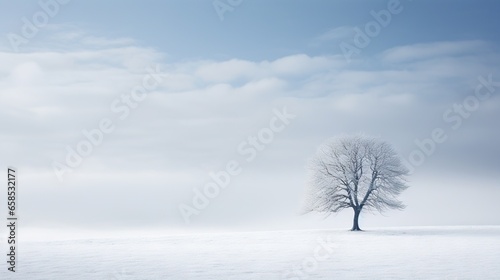  a lone tree stands alone in a snow covered field on a cloudy day.  generative ai © Jevjenijs