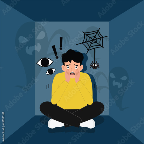 Man suffers from phobias and fears. The psychological concept of mental disorder and paranoia. Vector illustration