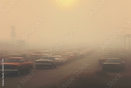 hazy outlines of vehicles enveloped in misty vapor. Generative AI © Sofia