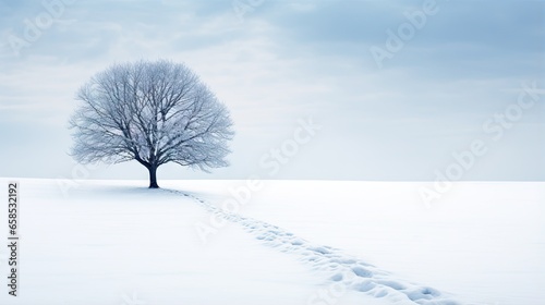  a lone tree stands alone in a snowy field with tracks in the snow. generative ai