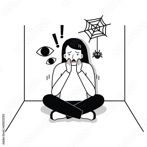 Woman suffers from phobias and fears. The psychological concept of mental disorder and paranoia. Vector illustration