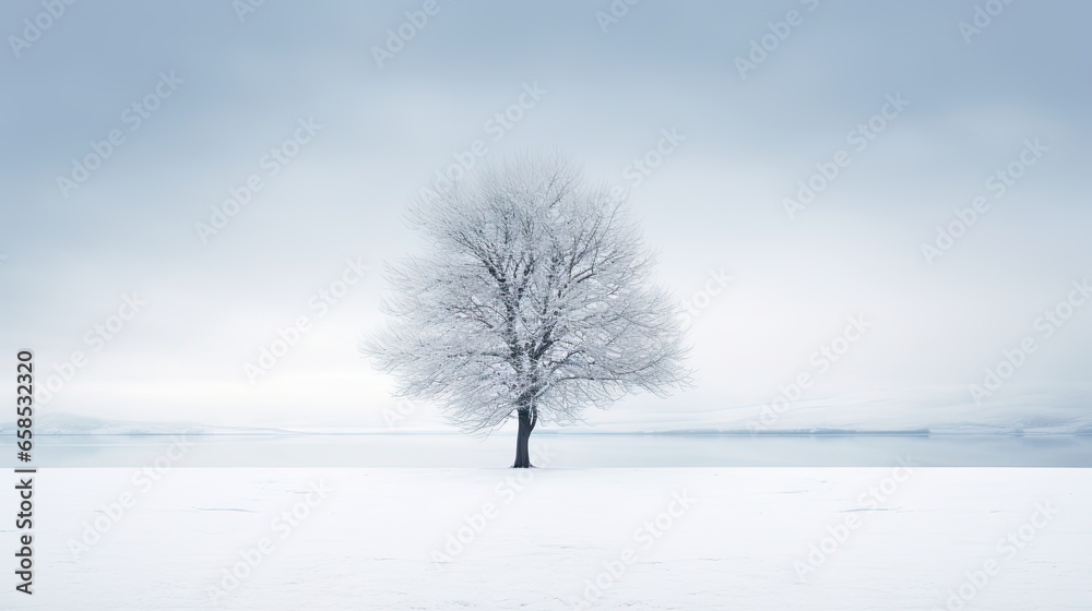 a lone tree stands alone in a snowy field on a cloudy day. generative ai a lone tree stands alone in a snowy field on a cloudy day. generative ai