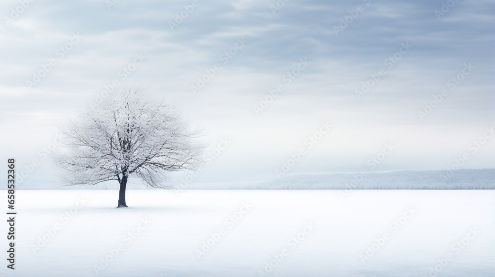 a lone tree stands alone in a snowy field with mountains in the background. generative ai a lone tree stands alone in a snowy field with mountains in the background. generative ai