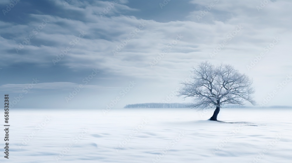  a lone tree stands alone in a snowy landscape with a distant island in the distance.  generative ai